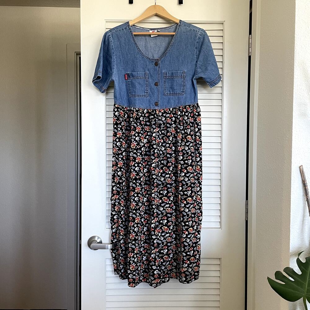 VTG 90s No Boundaries Button Down Floral + Denim Babydoll Dress M Grunge Cottage - Picture 3 of 11